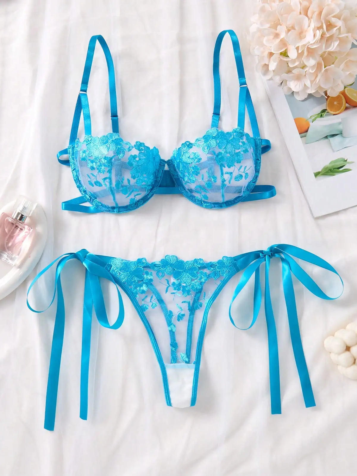 Women's Sheer Floral Embroidered Bra & Brief Set