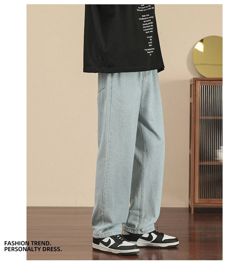 2023 New Korean Fashion Men's Casual Ankle-Length Jeans Classic Man Straight Denim Wide-leg Pants Light Blue Grey Black 3XL