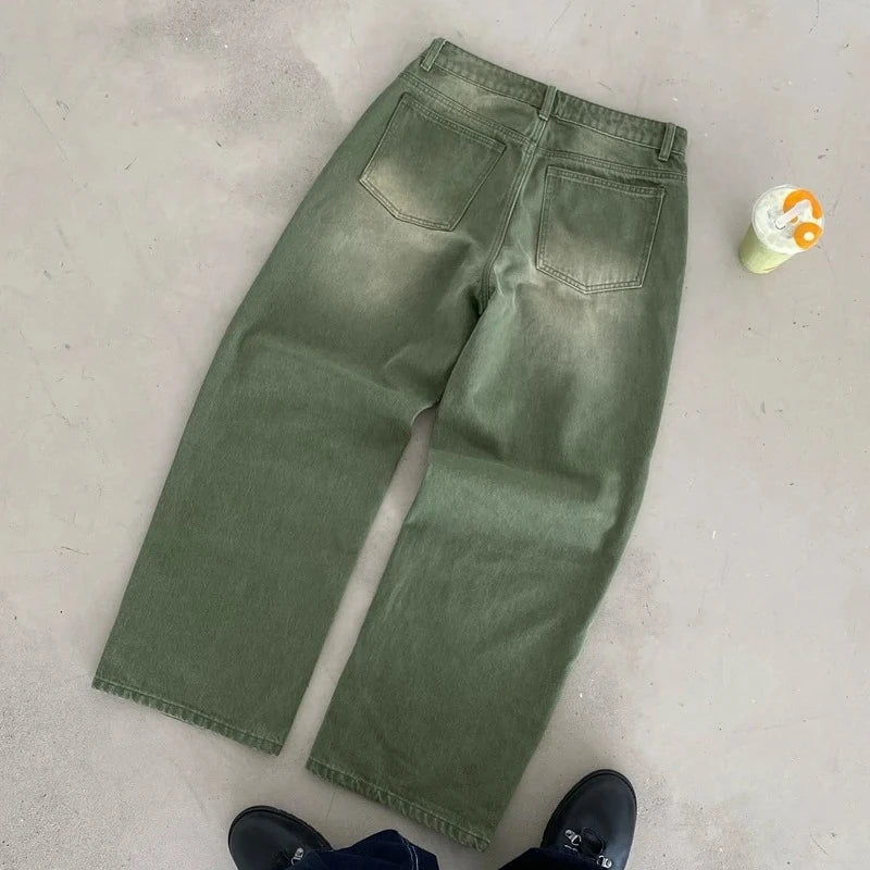 Y2K Retro Matcha Denim Jeans Washed Billiard Embroidered Denim Pants London Fashion New York Style Streetwear Unisex Baggy Jeans