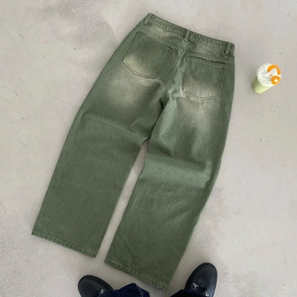 Y2K Retro Matcha Denim Jeans Washed Billiard Embroidered Denim Pants London Fashion New York Style Streetwear Unisex Baggy Jeans