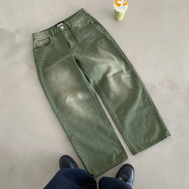 Y2K Retro Matcha Denim Jeans Washed Billiard Embroidered Denim Pants London Fashion New York Style Streetwear Unisex Baggy Jeans