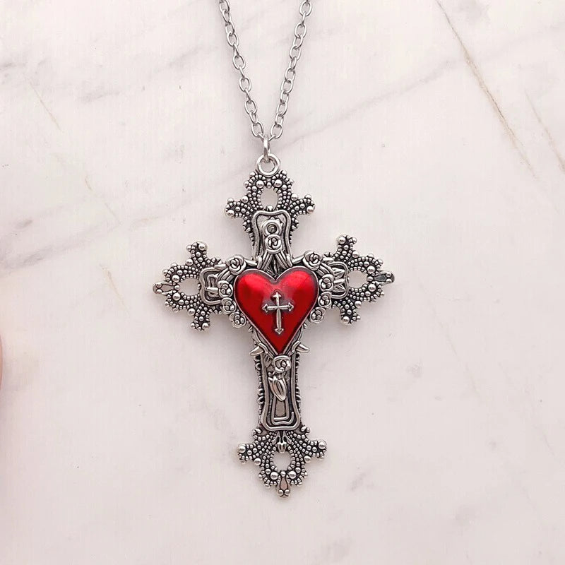 Y2K Gothic Big Cross Necklace Pink Black Red Heart Irregular Goth Large Cross Pendant Necklaces for Men Women Couple Jewelry