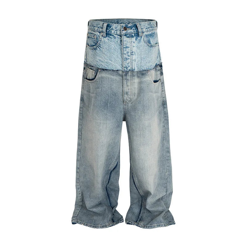 PFNW Niche Colorblock Patchwork Wide Leg Blue Jeans Men's Spring 2025 New Straight Double Waist Design Denim Trousers 28W6048