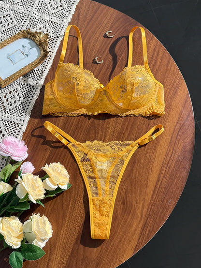 Women's Yellow Floral Lace Bra & Panty Set