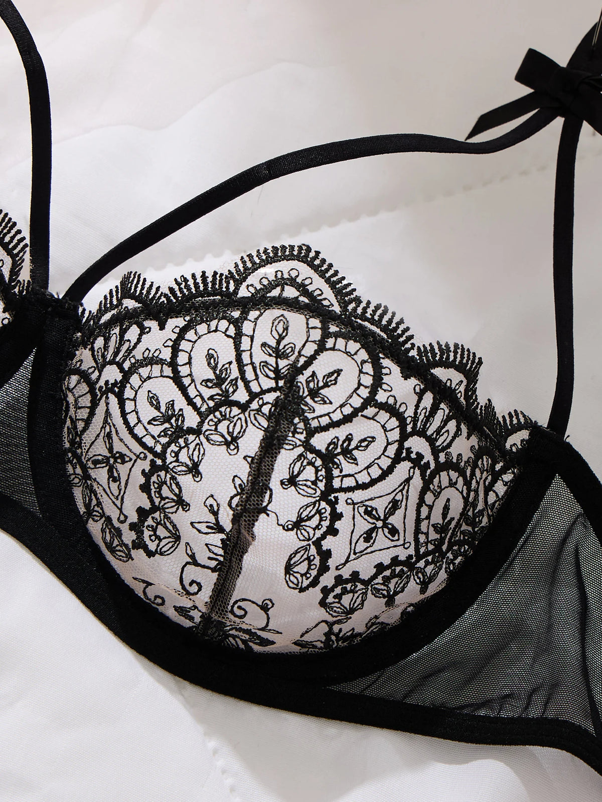 Black Floral Embroidered 3-Piece Garter Lingerie Set