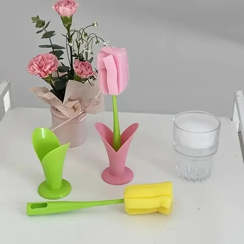 1pc Tulip Cup Brush with Detachable Sponge Head - Long Handle Bottle & Glass Cleaner, Durable Plastic, Ideal for Kitchen Use