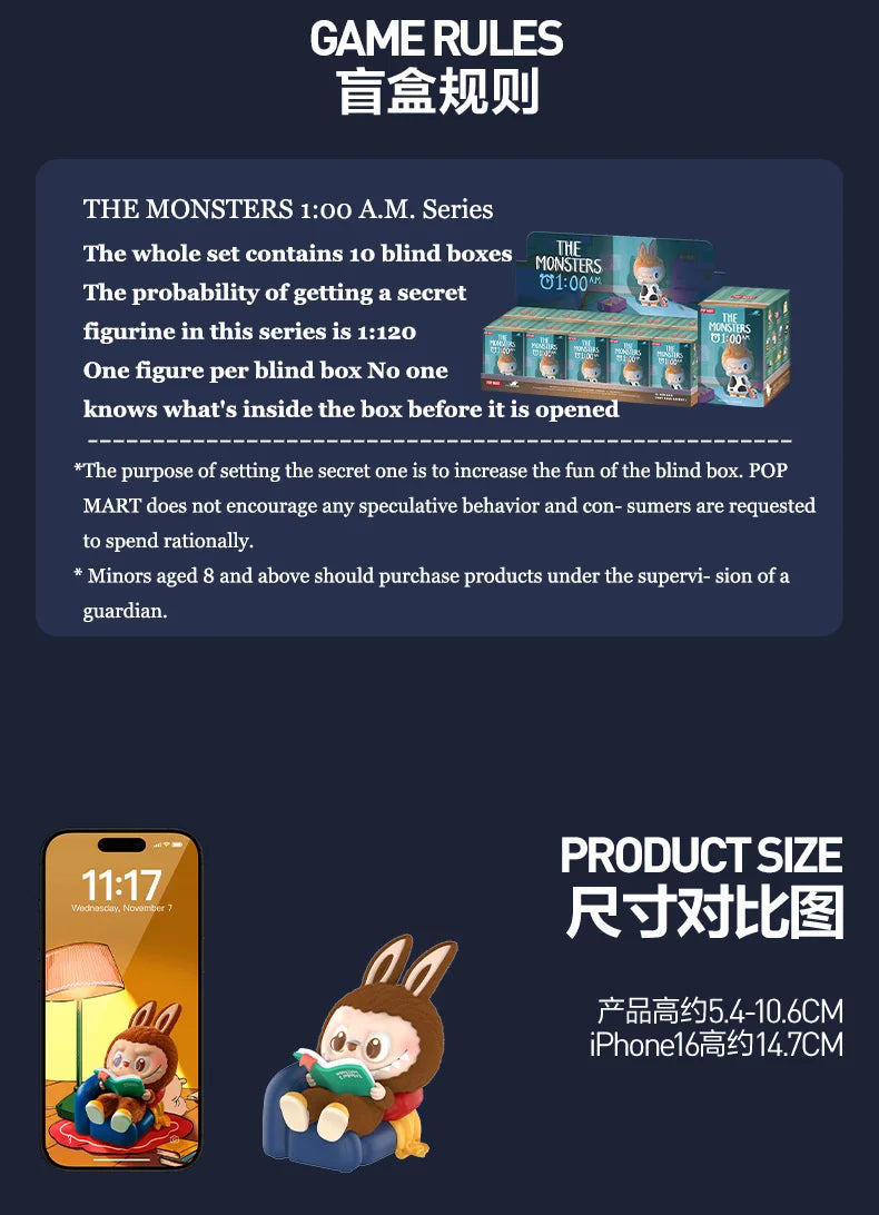 POP MART LABUBU THE MONSTERS 1:00 A.M. Series Mystery Box Genuine Blind Box Guess Toys Bag Ornament Figurines Home Decor Desktop