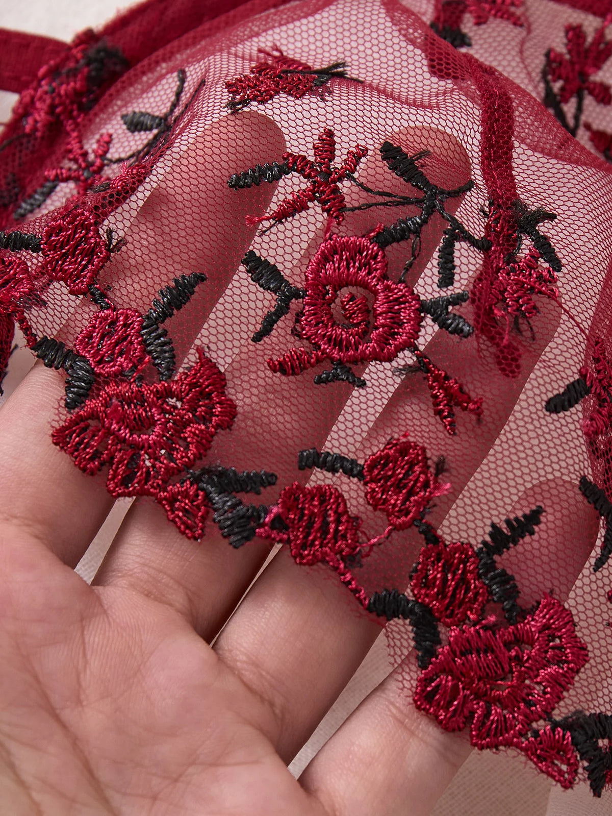 Wine Red Floral Embroidered Bra & Thong Set