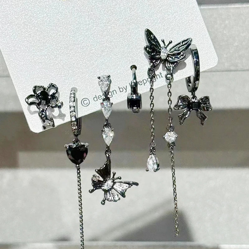 6Pcs Y2K Dark Red Zircon Star Moon Earring Set Gothic Black Butterfly Bow Tassel Earrings Set Kpop Heart Cross Star Earring Sets