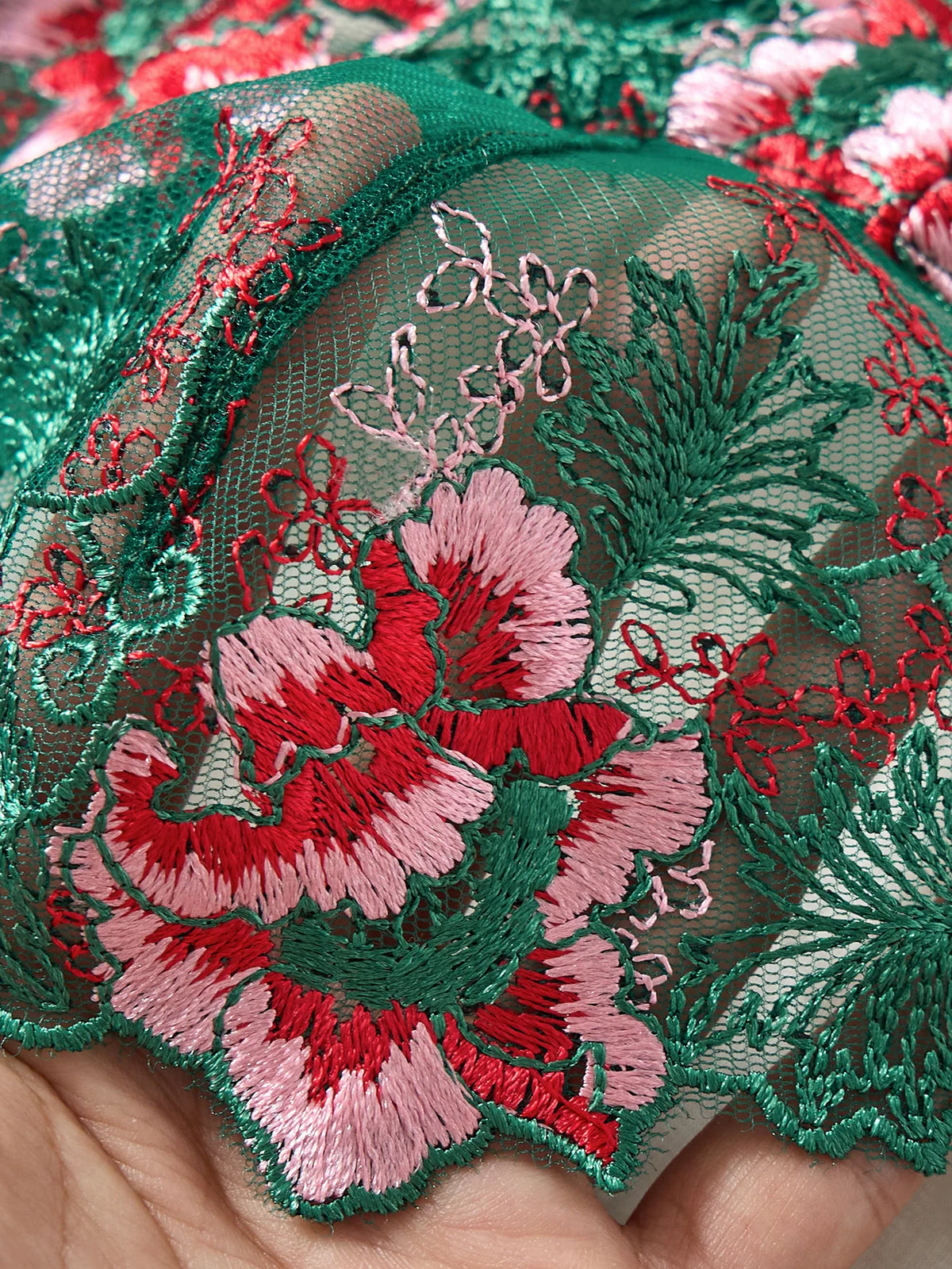 Green Floral Embroidered Satin Bra & Thong Set