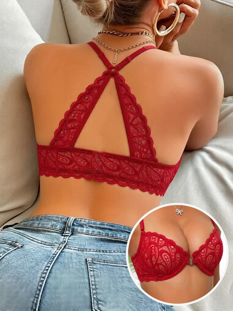 Wine Red Front-Closure Lace Bra