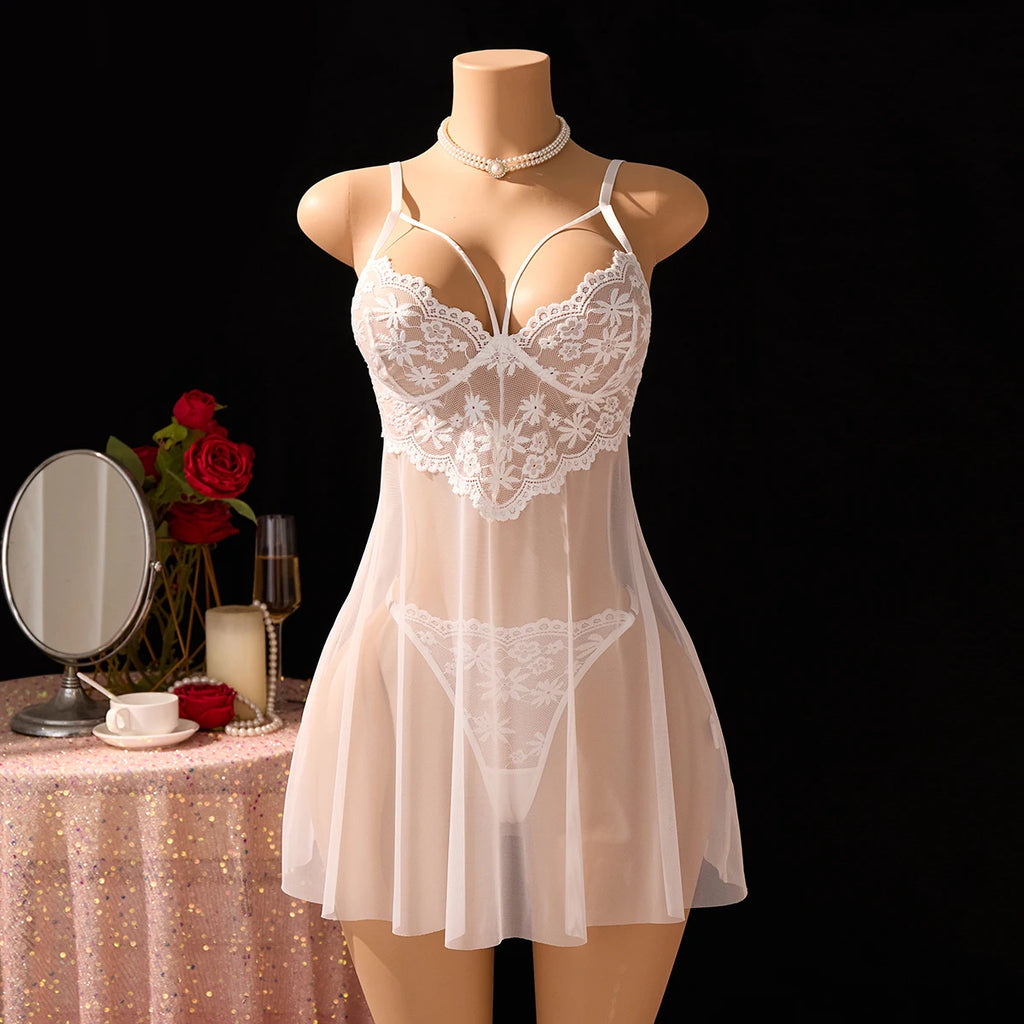 White Floral Lace Halter Nightgown