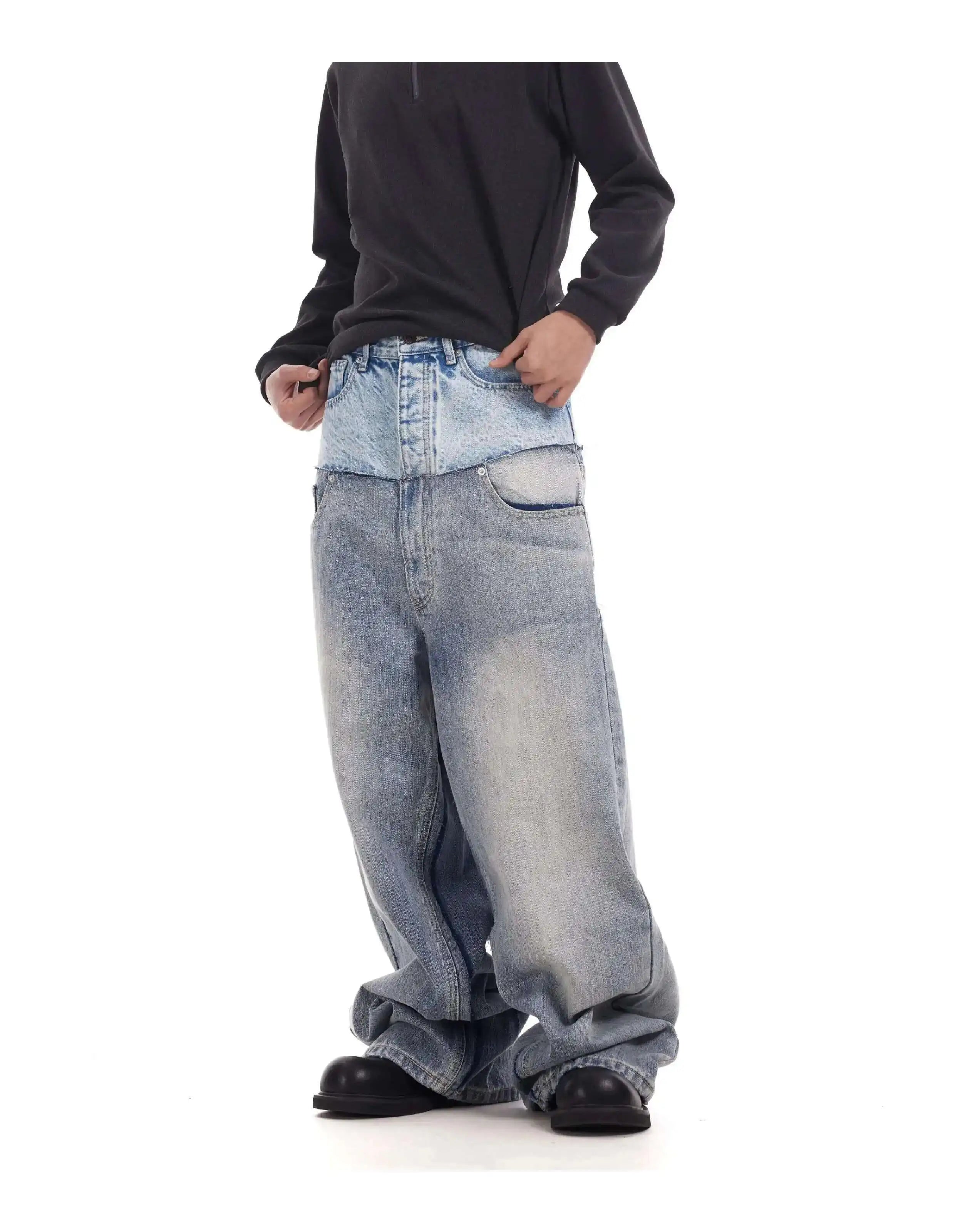PFNW Niche Colorblock Patchwork Wide Leg Blue Jeans Men's Spring 2025 New Straight Double Waist Design Denim Trousers 28W6048