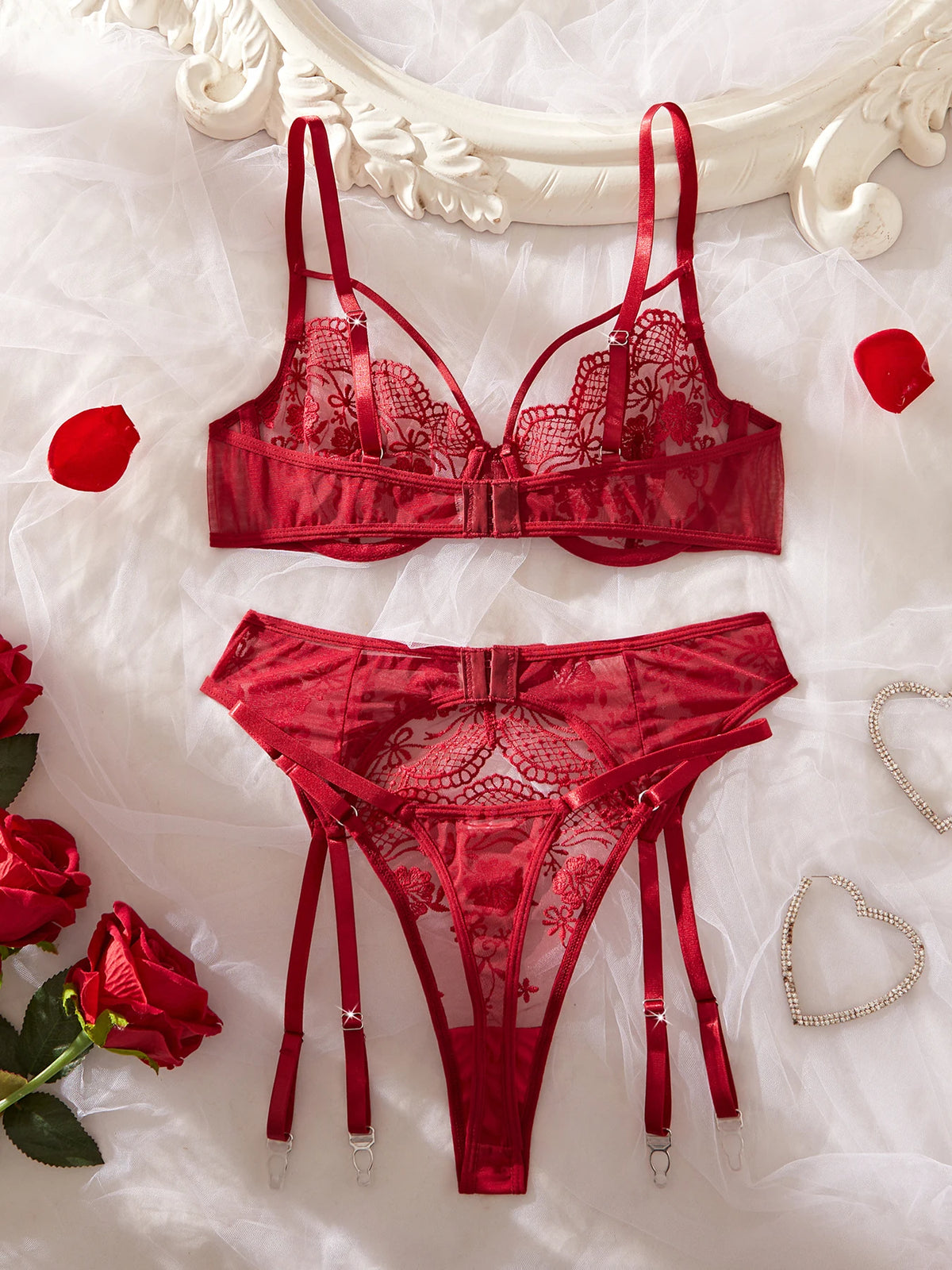 Women's Red Lace Embroidered 3-Piece Lingerie Set