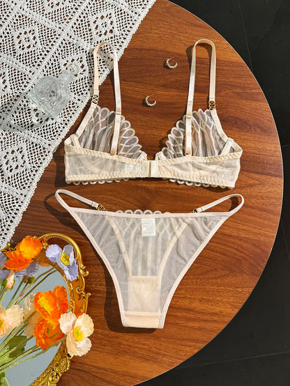 Women's Beige Lace Mesh Bra & Panty Set