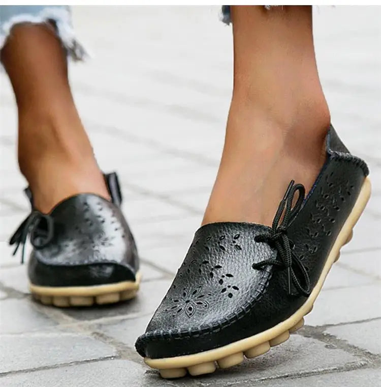 Women's Leather Ballet Flats — Hollow Slip-On Ballerina Shoes