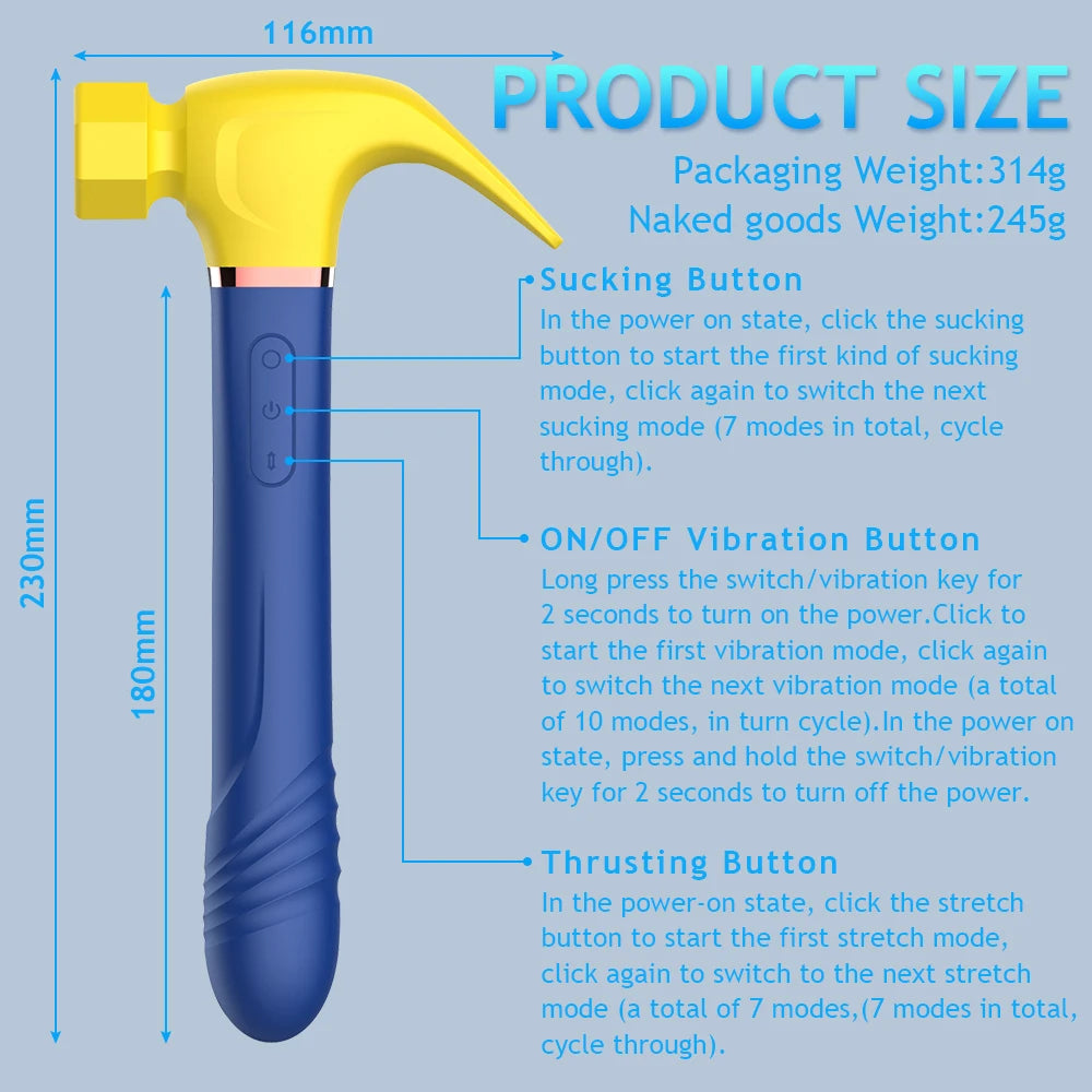 Women G Spot Vibrator 4 In 1 Magic Wand 7-Frequency Sucking Hammer Shape Rechargeable Sucker Vibration Sex Toy For Couple Adults