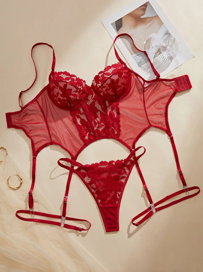 Women's Floral Lace 3-Piece Lingerie Set