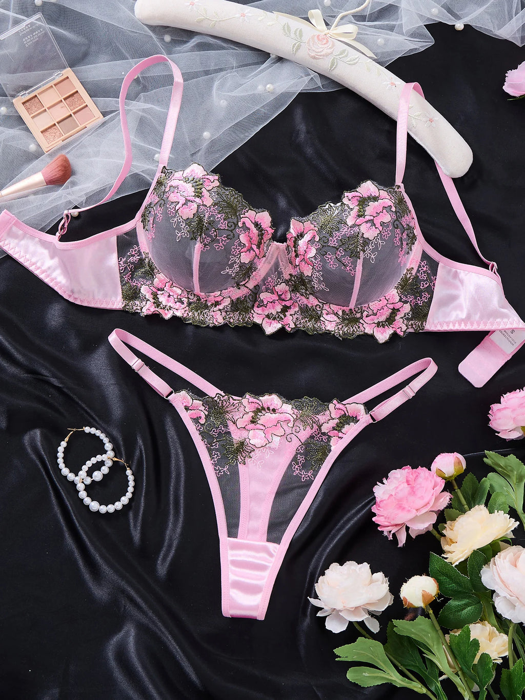 Pink Floral Embroidered Lace Bra & Thong Set