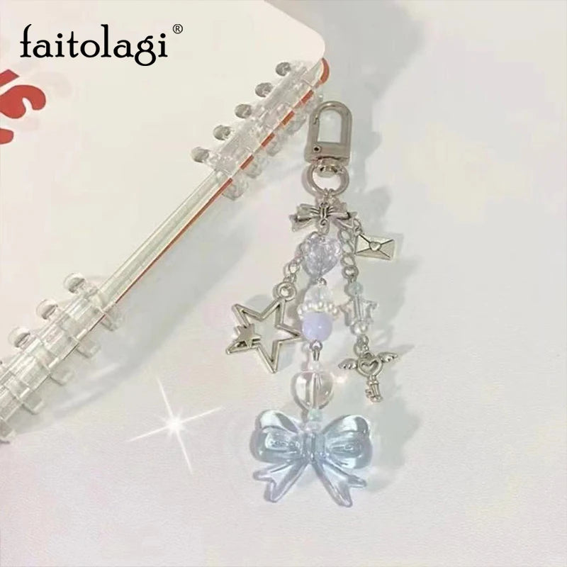 Y2K Bow Star Wing Couple Keychain Cute Blue Bowknot Heart Pendant Key Chain Purple Butterfly Beaded  Phone Charm Bag Keyring
