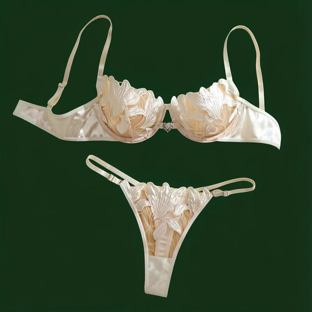 White Floral Embroidered Bra & Thong Set