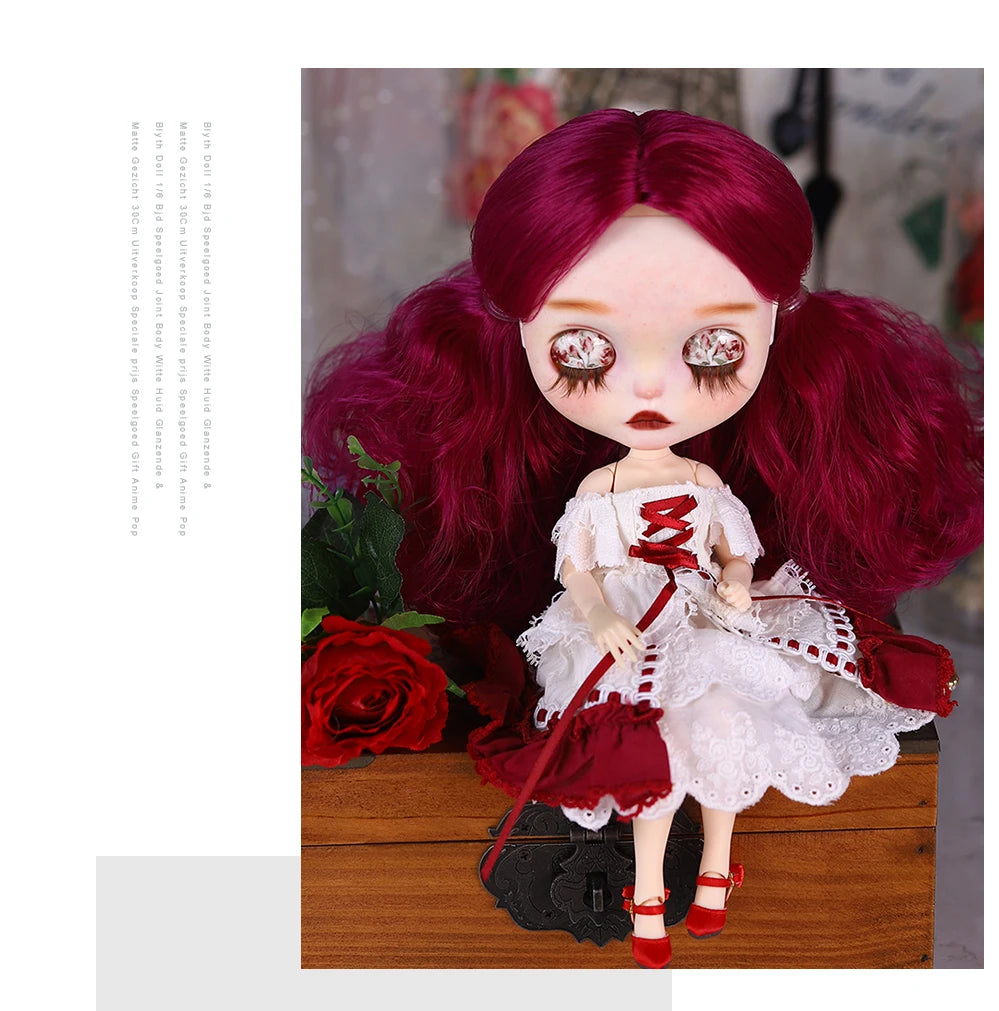 ICY DBS Blyth 1/6 Doll Hand drawn White Skin Red Rose Hand drawn Set Girl Gift