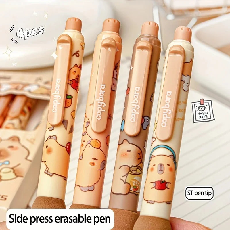 Set of 4 Capybara-Themed Erasable Gel Pens Point of 0.5 Mm Soft Grip Barrel Perfect Gift Choice Office And School Supplies