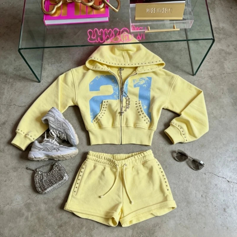 Women's Yellow Mellow Hoodie & Shorts Set