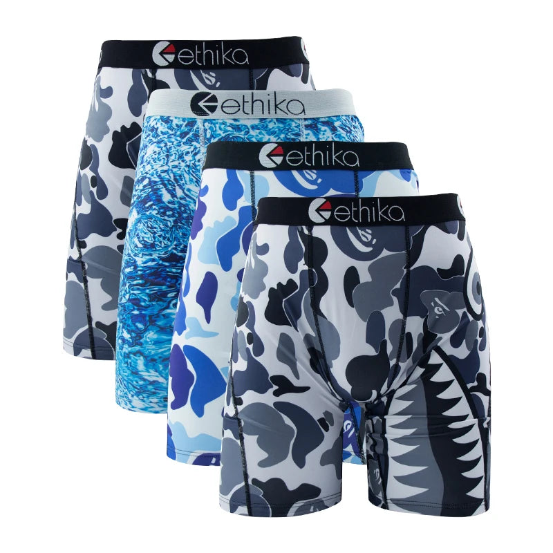 ETHIKA 4Pcs Men Underwear Boxers Breathable Swimming Man Underpants Plus Size Print Mens Panties Trunks Sexy Men's Boxer Briefs