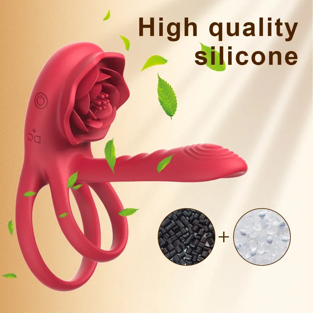 Remote Control Vibrating Cock Ring Penis Sleeve with Rose Clitoral Stimulator Penis Ring Vibrator Adult Sex Toys for Men Women