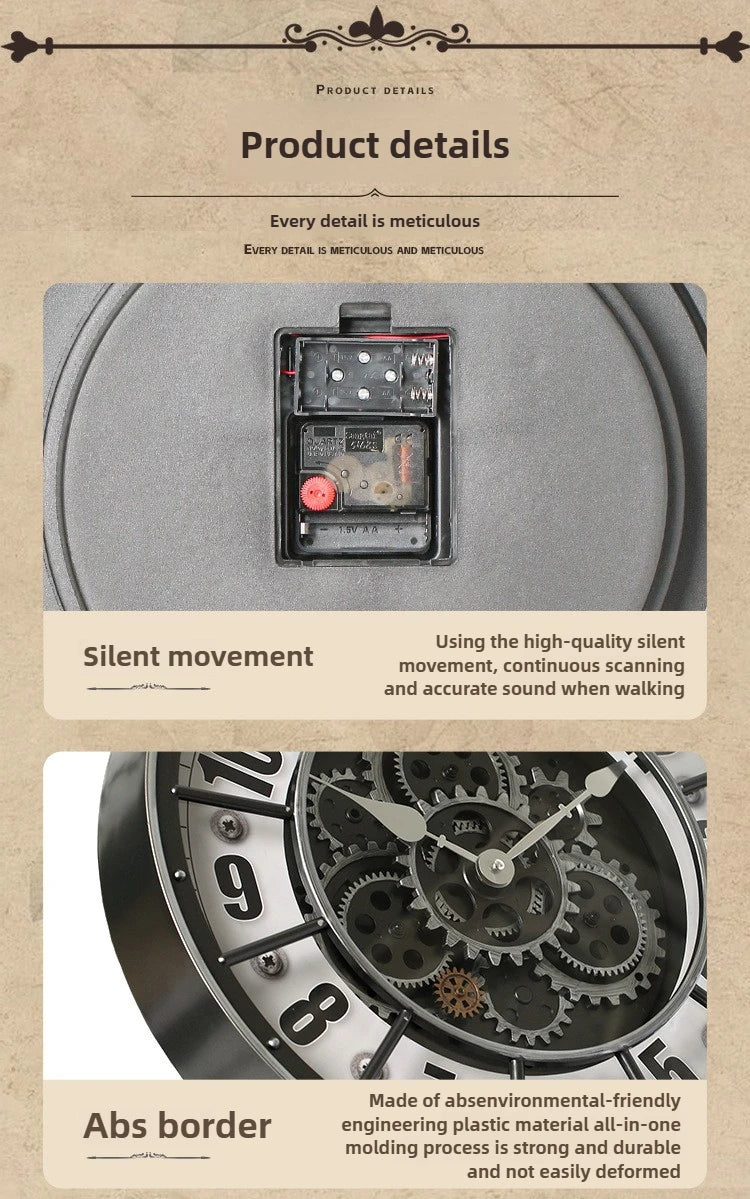 46cm Real Moving Gears Wall Clock Large Industrial Steam Punk Roman Numeral Wall Clock Living Room Home Decoration Quartz Clock