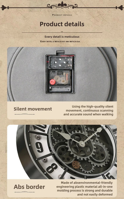 46cm Real Moving Gears Wall Clock Large Industrial Steam Punk Roman Numeral Wall Clock Living Room Home Decoration Quartz Clock