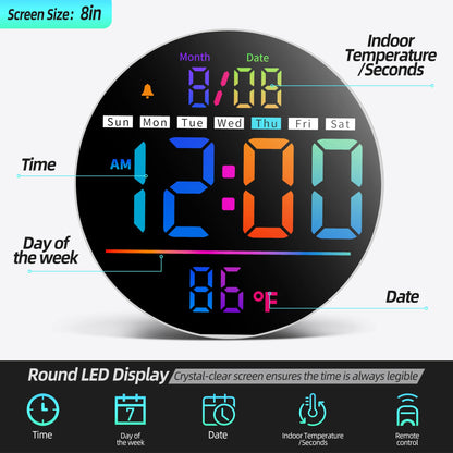 8‘’LED Wall Clockwith Timer,Temperature,Date,Night Light,RGB Color,Alarm,5-Level BrightnessDigital Clock for Classroom,Bedroom