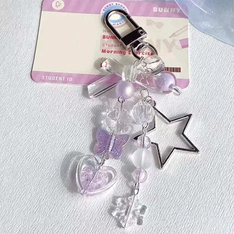 Y2K Bow Star Wing Couple Keychain Cute Blue Bowknot Heart Pendant Key Chain Purple Butterfly Beaded  Phone Charm Bag Keyring