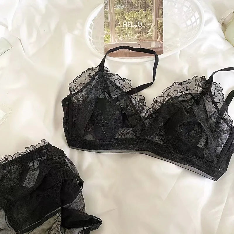 Sexy Lingerie Set Women's French Super Fairy Lace Mesh Thin Cup Rabbit Ear Cup Anti Bump Anti Sag Underwired Bra
