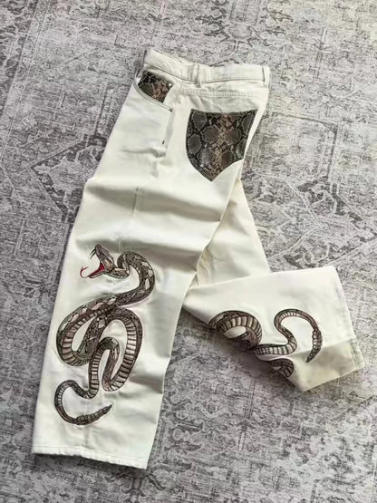 Streetwear Retro Snake Jeans Boa Embroidery Graphic Python Print Pocket Denim Pants Y2K Trend Unisex Baggy Straight Leg Pants