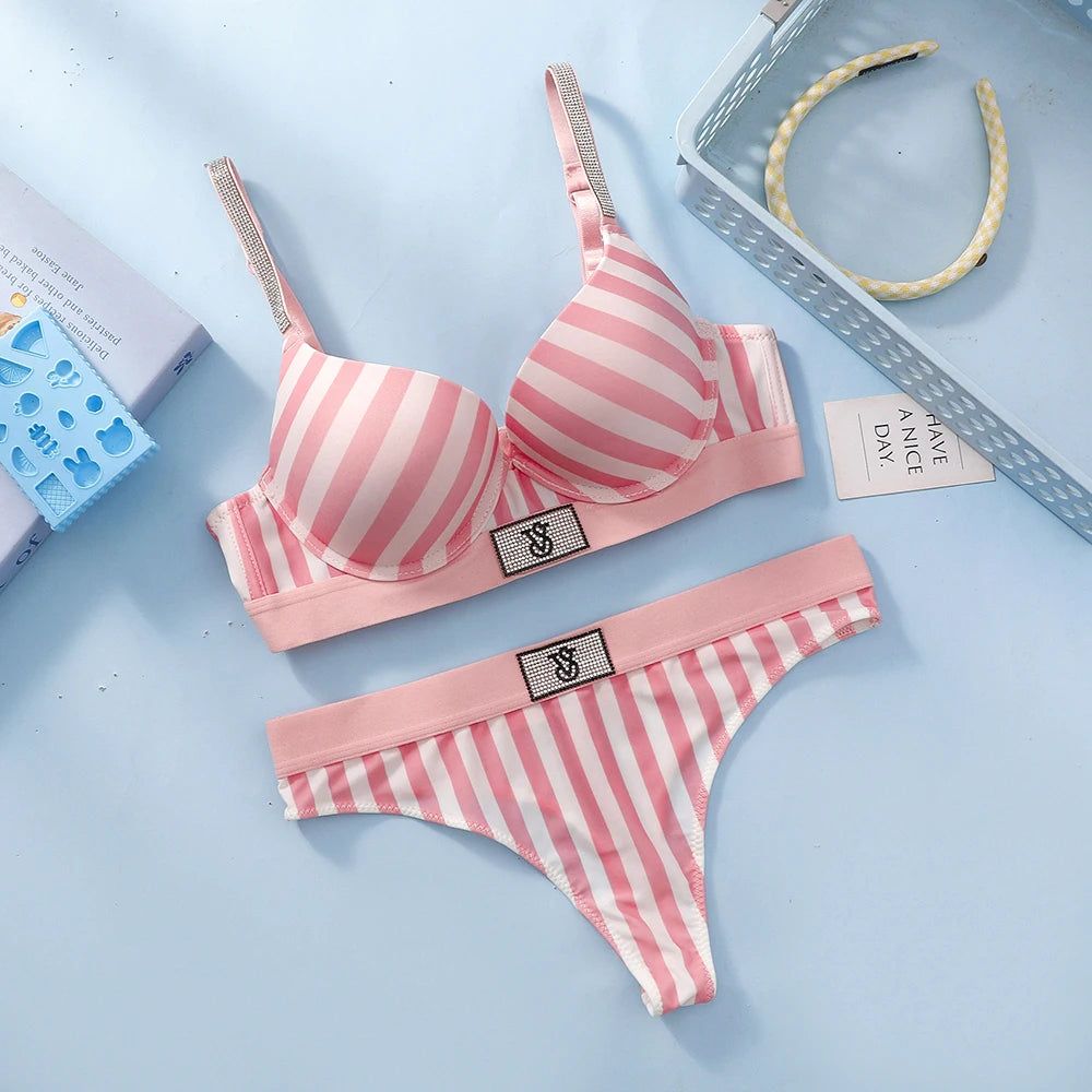 Victoria Secret Very Sexy Logo Shine Strap Push Up Bra Shine Script Thong Panty Women Lace Lingerie Set Hot Trending