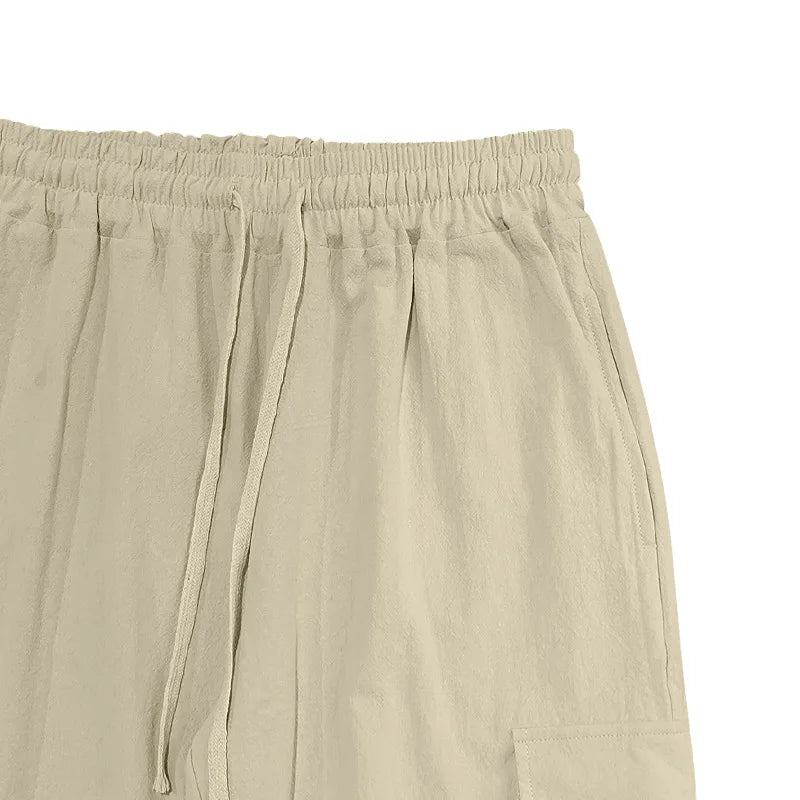 Amazon Cross-Border Cotton and Linen Tied Feet Multi-Pocket Tether Solid Color Loose Drawstring Trousers