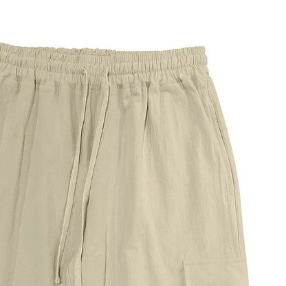 Amazon Cross-Border Cotton and Linen Tied Feet Multi-Pocket Tether Solid Color Loose Drawstring Trousers