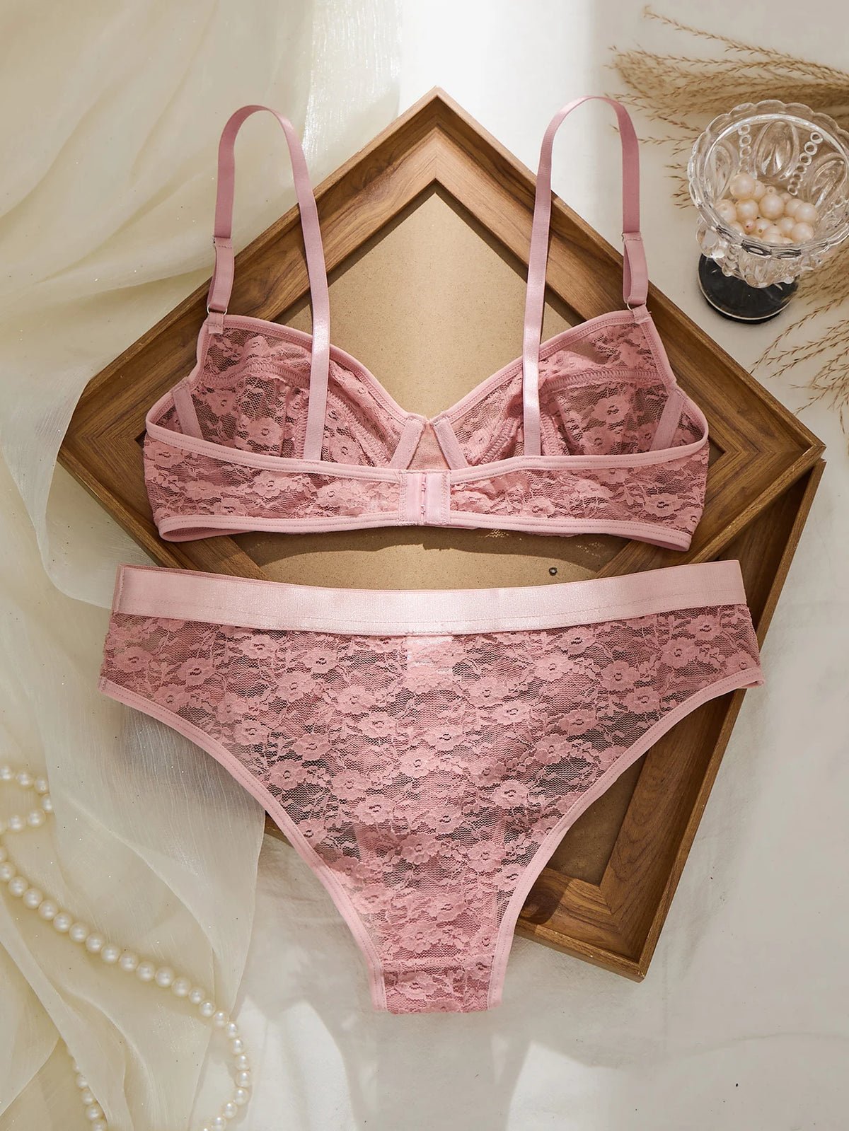 Women's Pink Lace Mesh Bra & Panty Set