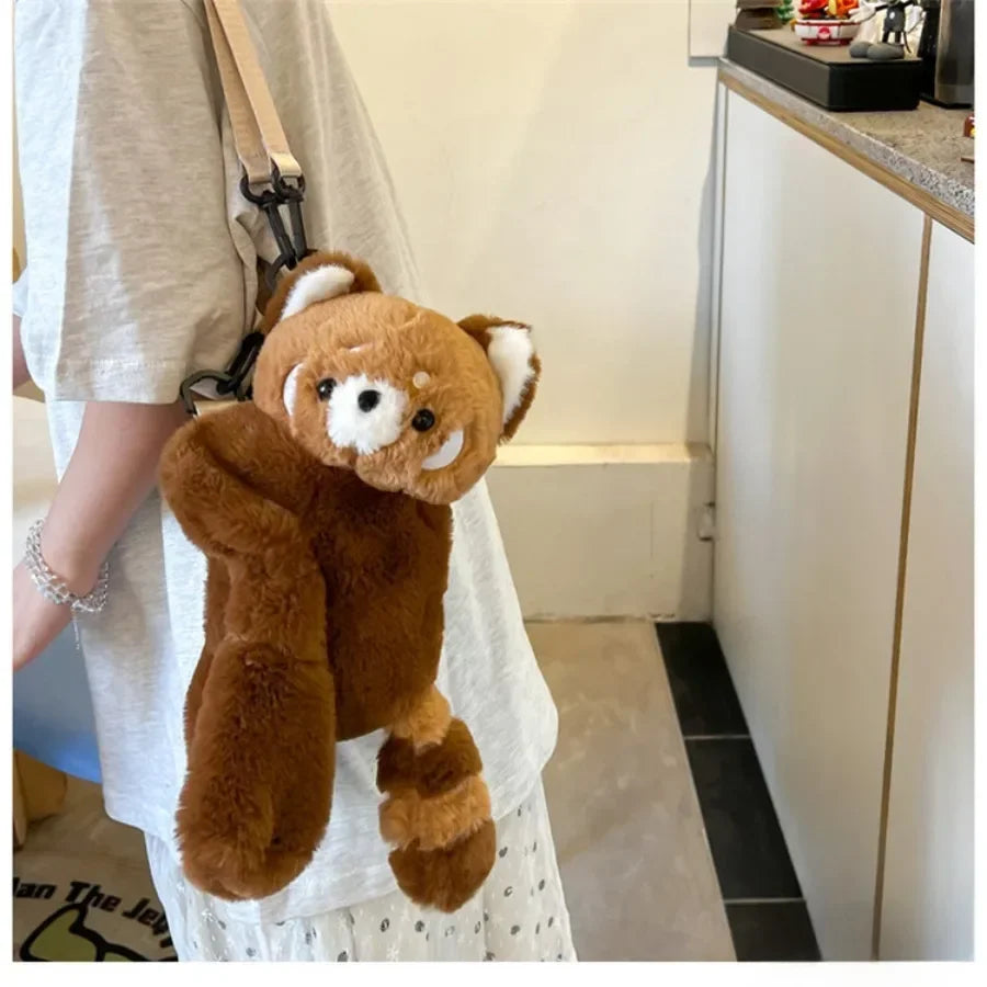 Red Panda Plush Backpack Cute Plushie Doll Women Crossbody Fur Soft Shoulder Bag for Camping Travel Party Female Birthday Gift