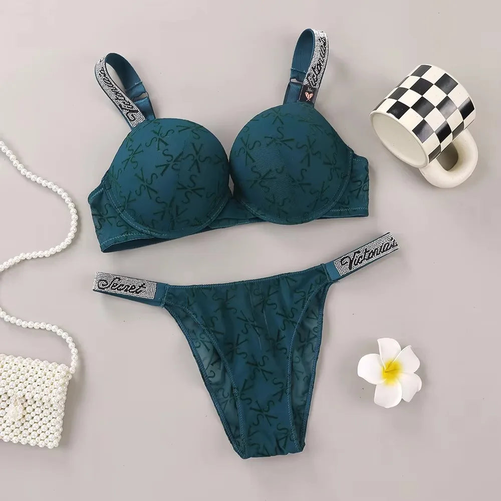Victoria Secret Hot Sexy Lingerie Set Very Sexy Logo Shine Strap Embossed Lace Push Up Bra Shine Script Thong Panty