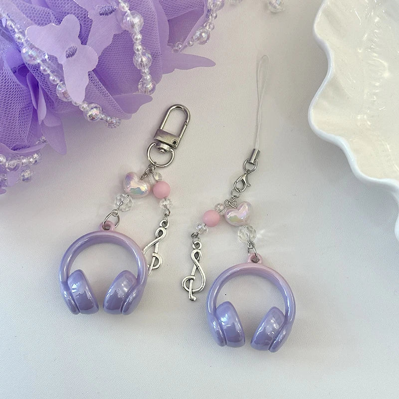 Y2K Pink Purple Gradient Color Music Earphone Beaded Keychain Creative Mini Headset Pendant Keyring Paired Lanyard Key Chain