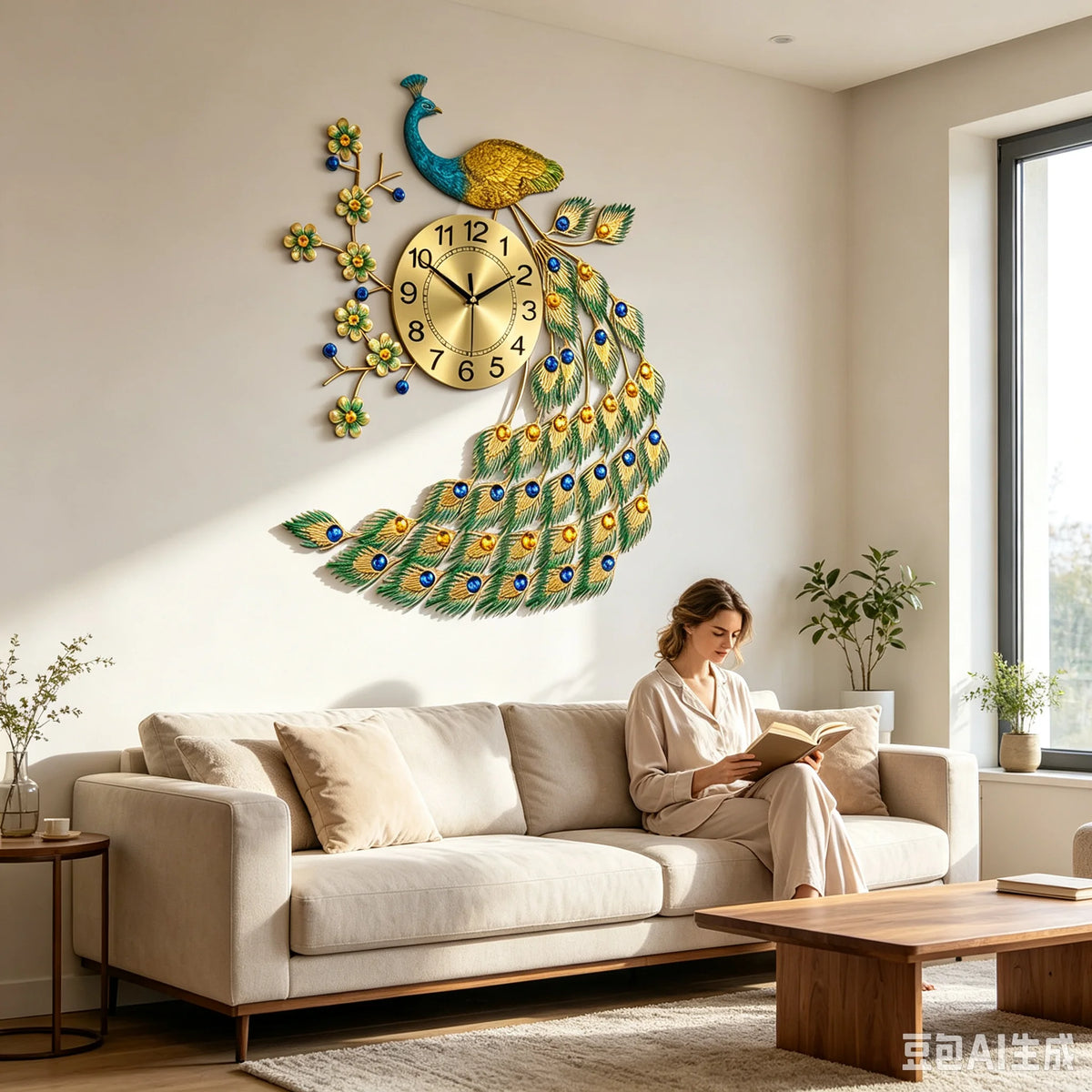 75x65cm Wall Clock, Home Decorative Clock, Peacock Design Iron Acrylic Aluminum Durable Elegant Symbol for Living Room Bedroom Kitchen Entryway