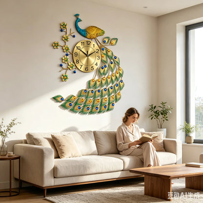 75x65cm Wall Clock, Home Decorative Clock, Peacock Design Iron Acrylic Aluminum Durable Elegant Symbol for Living Room Bedroom Kitchen Entryway