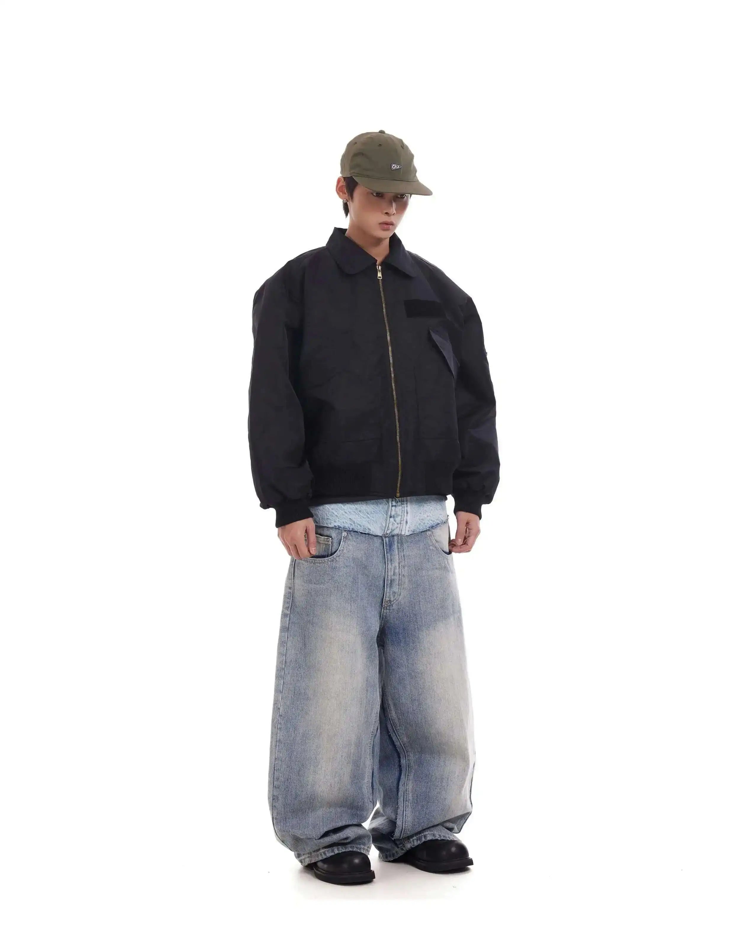PFNW Niche Colorblock Patchwork Wide Leg Blue Jeans Men's Spring 2025 New Straight Double Waist Design Denim Trousers 28W6048