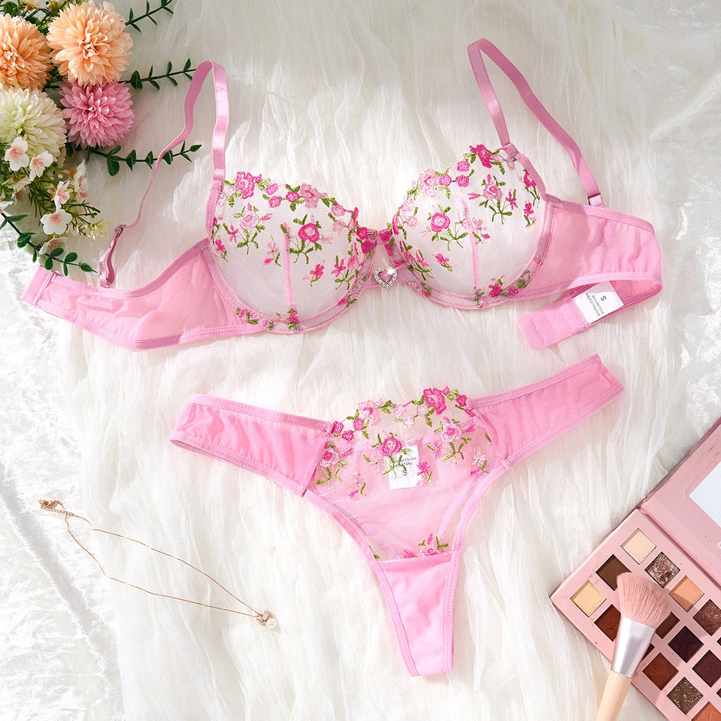 Pink Floral Embroidered Bra & Thong Set