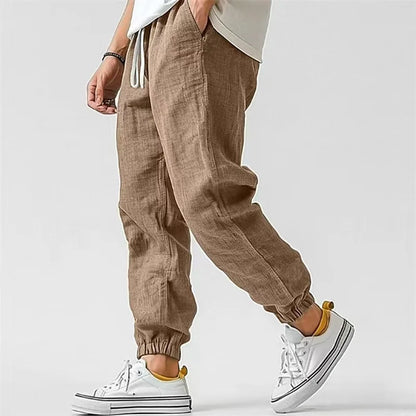 Men's Casual Pants Daily Wear Solid Summer Full Length Soft Linen Pants Mid Waist Pocket Drawstring Trousers Streetwear Bottoms