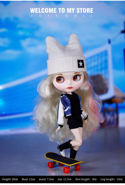 ICY DBS Blyth Doll Pleated Skirt Leather Jacket Hat Set Anime Girl jiontBody 1/6 BJD