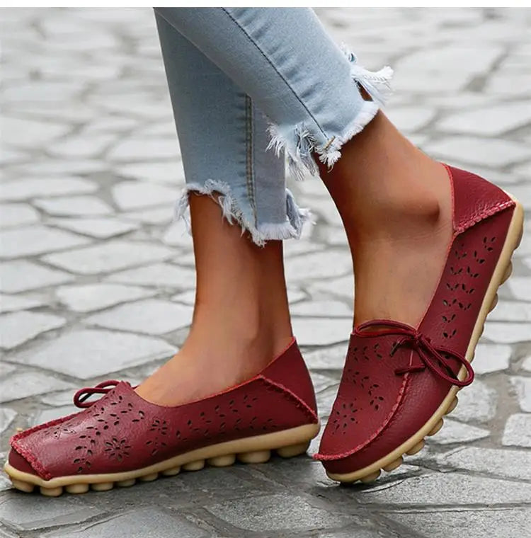 Women's Leather Ballet Flats — Hollow Slip-On Ballerina Shoes